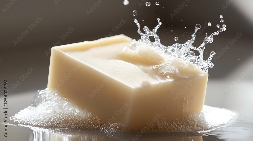 Poster Luxurious Bar of Soap with Splashes of Water Creating an Inviting Clean Scene in Soft Focus : Generative AI