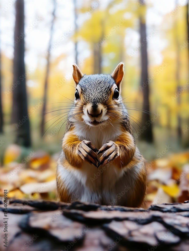 Poster close-up view of an inquisitive squirrel standing in the beautiful autumn forest among colorful leav