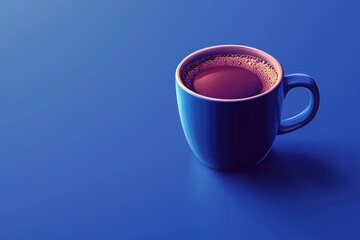 Blue coffee mug filled with steaming beverage on a vibrant blue background