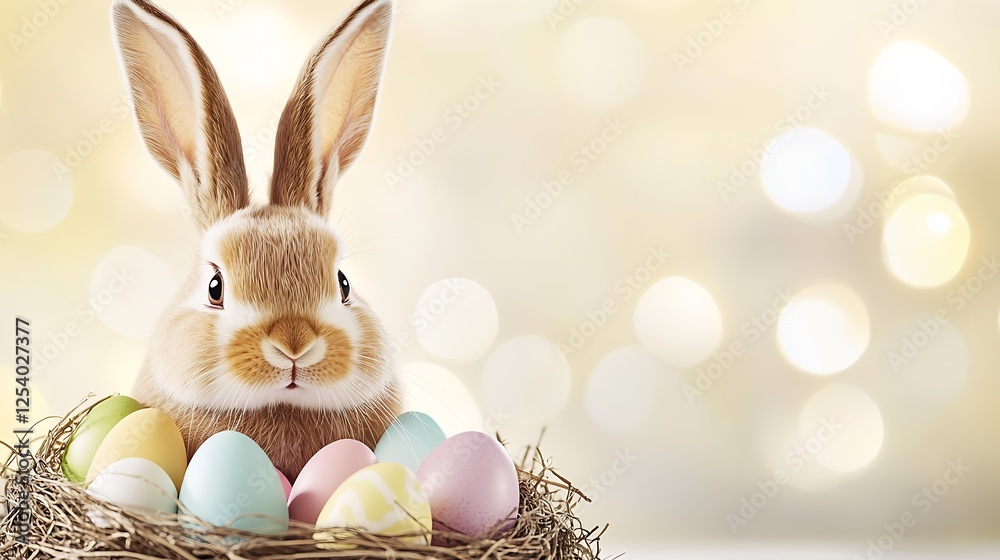 Poster Adorable rabbit surrounded by colorful Easter eggs in a cozy nest with soft bokeh background : Generative AI