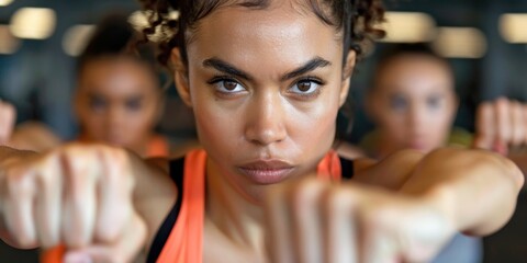 Intense fitness training with determined women in gym for strength and motivation. National African-American Women's Fitness Month