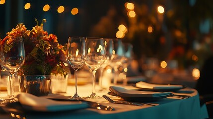 Elegant Romantic Dinner Table Setting Warm Lights Festive Flowers Luxury Restaurant Ambiance Fine Dining Experience Beautiful Decor Special Occasion  