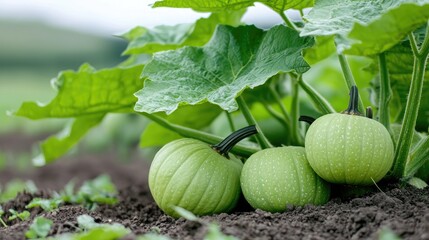 Fototapeta premium Green pumpkins growing in a garden bed