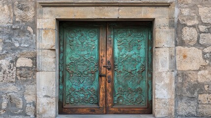 Obraz premium An antique copper door with an elaborate design and a vibrant green-blue patina, set against a weathered stone wall, evoking a sense of history and charm.