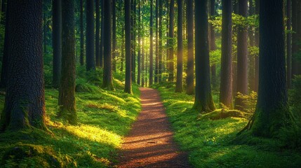 Obraz premium Sunlit forest path, moss, tranquility, nature walk, peaceful background, for travel brochures