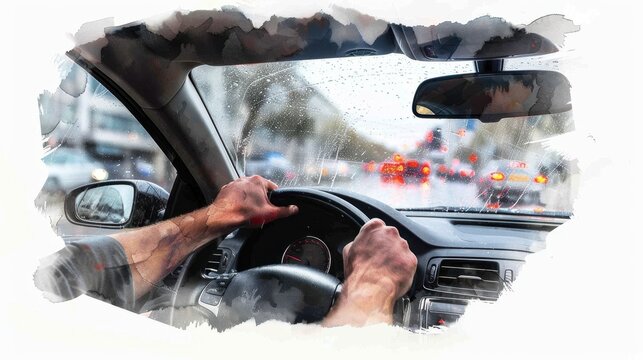 Driving in rainy weather with traffic and safety concept. Distracted Driving Awareness Month