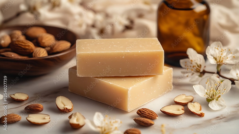 Poster nourishing natural soap bars stacked elegantly with almonds and gentle flowers ideal for home and sp