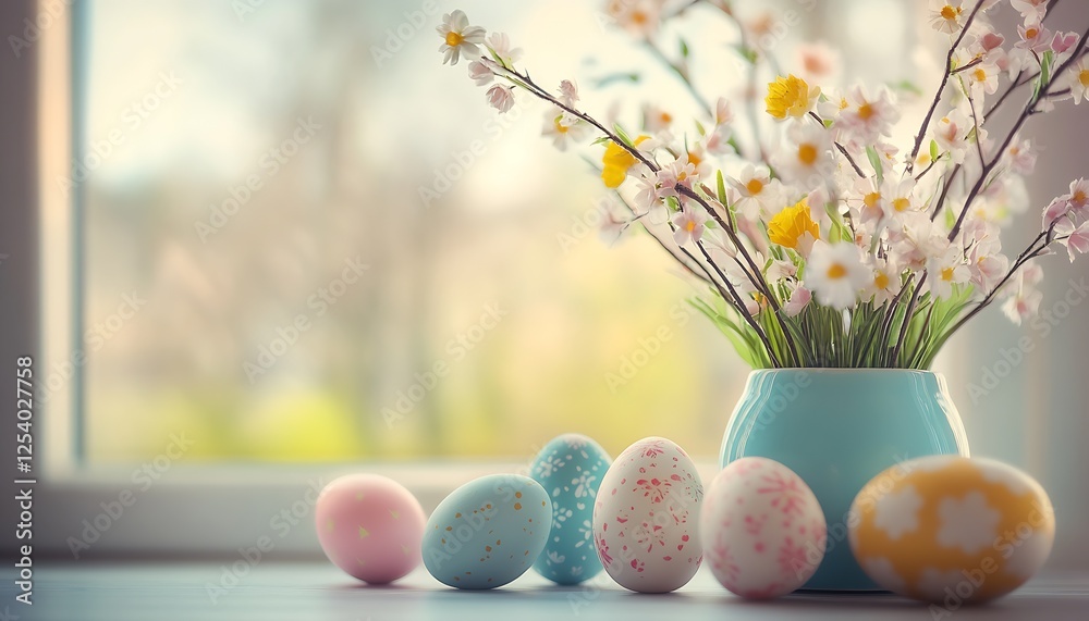 Aufkleber springtime serenity with easter eggs and beautiful cherry blossoms in an elegant vase : generative a