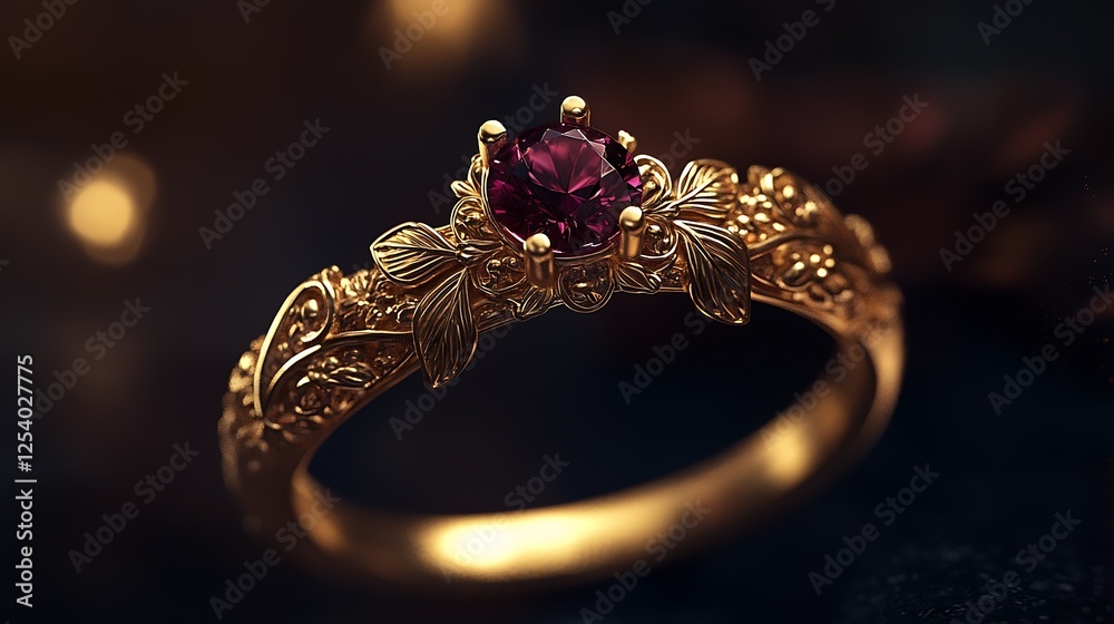 Poster captivating gold ring showcasing a vibrant ruby stone with elegant leaf detailing : generative ai
