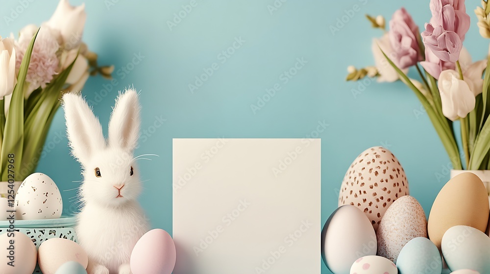 Poster whimsical easter scene featuring a fluffy bunny and various pastel eggs with a soft blue background 
