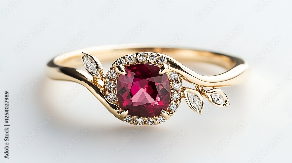 Poster stunning gold ring featuring a vibrant ruby and elegant diamond accents with leaf motif : generative