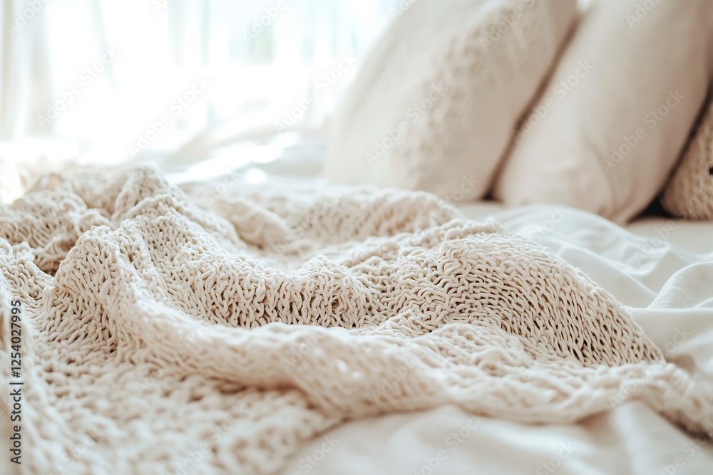 Aufkleber close-up view of soft neutral blankets and pillows softly draped on a beautifully made bed : generat