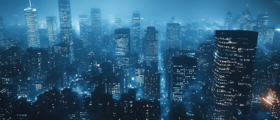 Obraz premium Misty Midnight Metropolis – Foggy Skyline with Blue Tones - Made with Generative AI