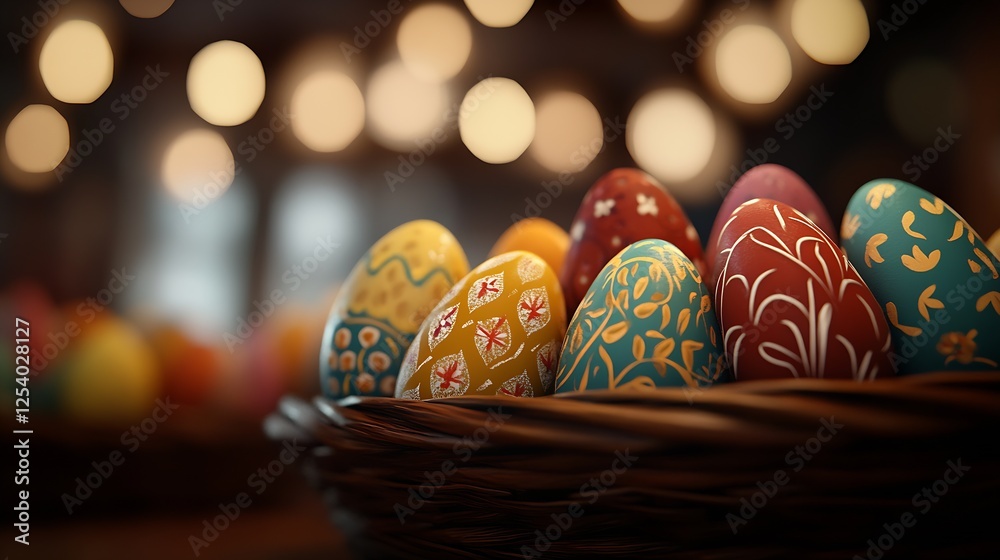 Aufkleber Charming Easter eggs with intricate colorful patterns arranged in a woven basket creating a festive atmosphere : Generative AI