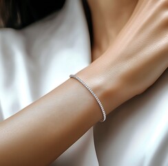 Stylish Closeup Perspective of a Shiny Diamond Bracelet on a Female Wrist : Generative AI