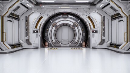 Futuristic spaceship corridor; airlock; science fiction background;  3D render; concept art
