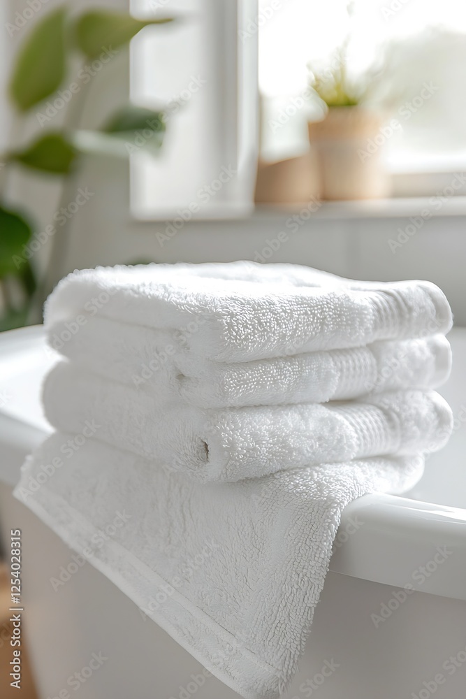 Poster Stack of Soft White Towels on Bathtub Edge for a Refreshing Spa-Like At-Home Experience : Generative AI