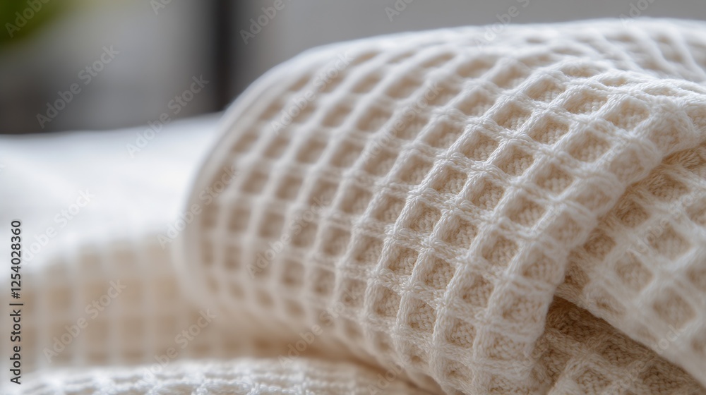 Poster Rolled up beige blanket displayed in a serene setting highlighting its unique woven design : Generative AI