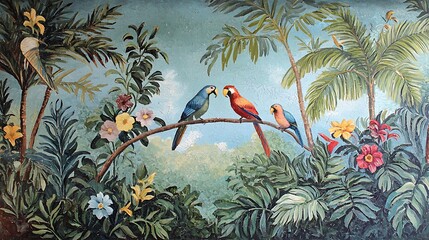 Classic Roman mural featuring vibrant botanical elements and exotic birds in a picturesque garden