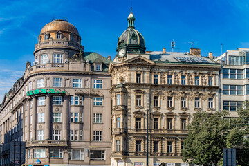 Prague, Czechia. Ligna Palace Building and Stybl house Stybluv dum at Wenceslas Square.