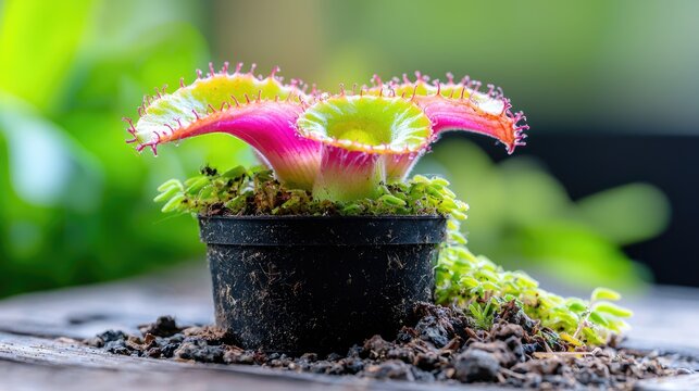 Vibrant Venus flytrap in pot, garden background