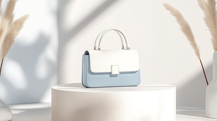 Elegant light blue and white handbag highlighted in soft natural light creating a warm and inviting atmosphere : Generative AI