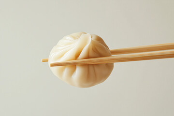 Shanghainese Soup Dumpling: A delicate, pleated Shanghainese soup dumpling, held aloft by elegant chopsticks, ready to be savored.  The dumpling's soft.