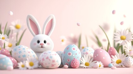 Sweet Easter Bunny Nestled Among Colorful Eggs and Daisies in a Soft Pink and Green Setting : Generative AI