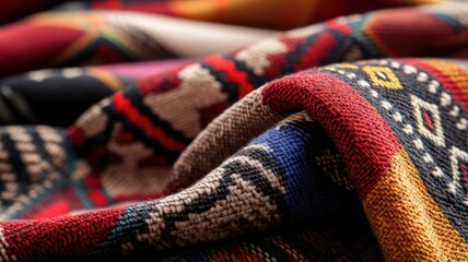 Close-up of colorful, intricately woven textile fabric in vivid patterns