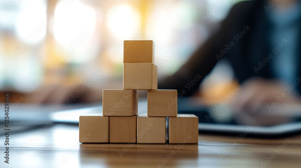 Fototapete creative arrangement of wooden blocks forming a pyramid on a table with a blurred background : gener