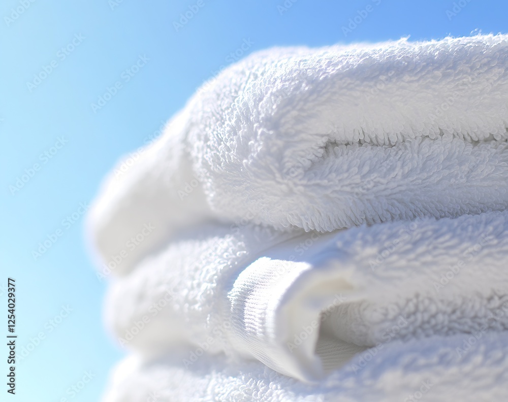 Poster close-up of folded white towels showcasing texture and softness against a vibrant sky : generative a