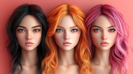 Fototapeta premium Mannequin Heads with Black, Orange, and Pink Wigs