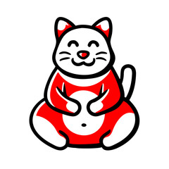 Happy Maneki-neko: A cheerful, cartoon Maneki-neko cat, sitting in a traditional red and white outfit, smiles warmly, embodying good luck and fortune.  