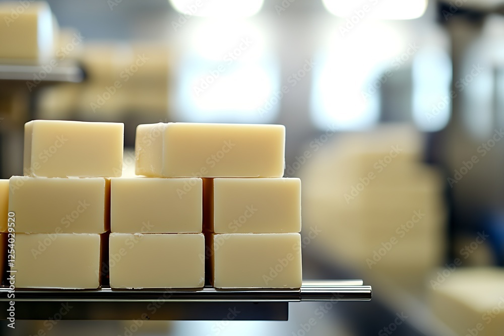 Aufkleber Close-up view of stacked soap bars emphasizing smooth texture and modern aesthetic in a production facility : Generative AI