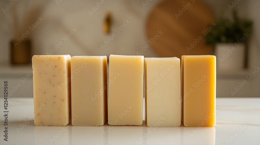 Poster five stylishly arranged natural soap bars showcasing unique textures and colors for skincare enthusi