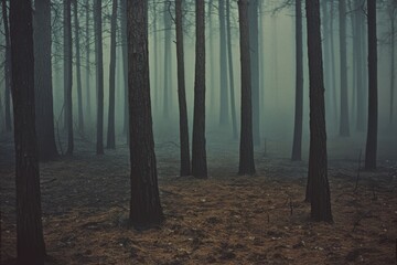 Obraz premium Tall pine trees stand amid a dense fog, creating a forest scene steeped in mystery and silence.