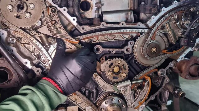 Broken timing chain on a diesel V-shaped engine. Shows the break points and damaged parts on the disassembled engine in the automotive service