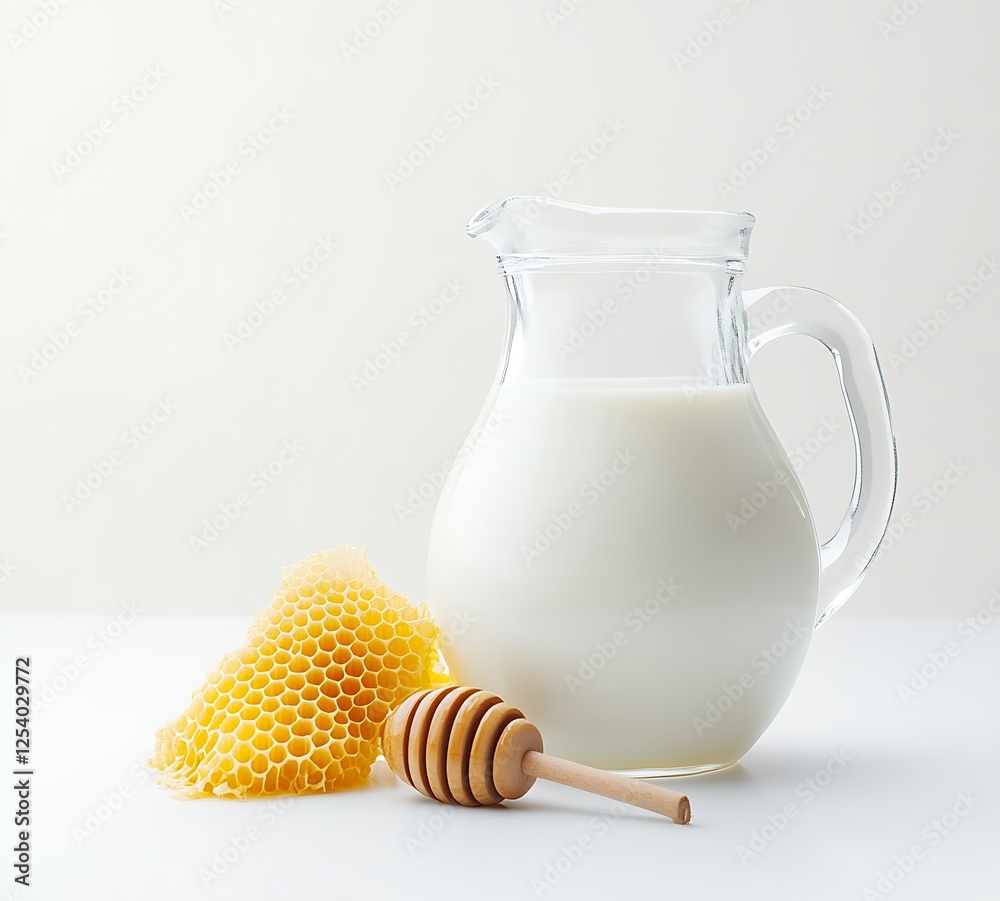 Poster pitcher of milk beside honey and honeycomb arranged beautifully on a light background representing s