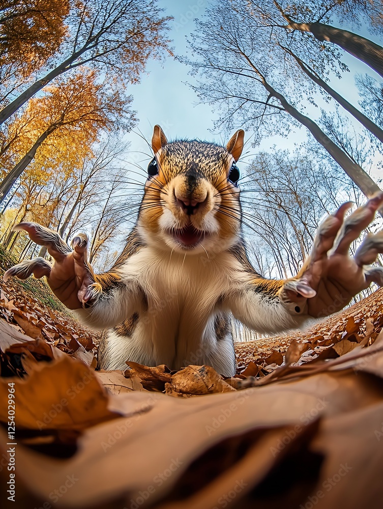 Poster Adventurous Squirrel Extending Its Paws in a Leafy Autumn Scene : Generative AI
