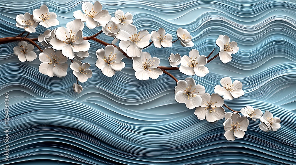 Poster Beautiful cherry blossom flowers on a wavy blue background creating a serene artistic representation : Generative AI
