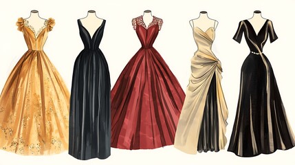Geometric fashion sketches vintage evening wear