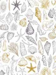 Seashells sea life pattern, black and gold simple line seamless drawing, white background 