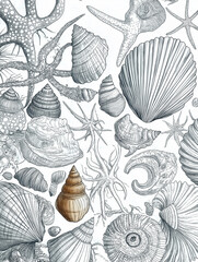 Seashells sea life pattern, black and gold ink simple line seamless drawing, white background 