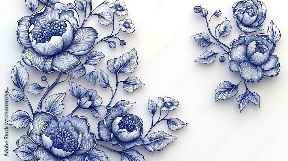Poster exquisite floral artwork featuring a blend of blue and white tones with intricate detailing and desi