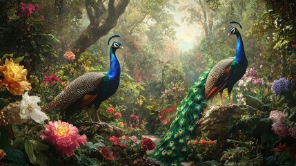 Elegant mural wallpaper featuring a forested Roman garden with vibrant botanical plants and delicate peacocks