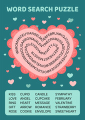 Heart. Word search game puzzle for kids on Valentines day. English words. Isolated vector illustration eps 10
