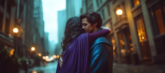 Couple Embracing Wrapped in Rainbow Flag in Urban Cityscape during Sunset