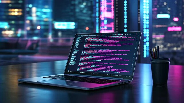A stylish open-concept coding workspace with a sleek laptop displaying glowing syntax-highlighted code, set against a backdrop of a dynamic tech startup environment.