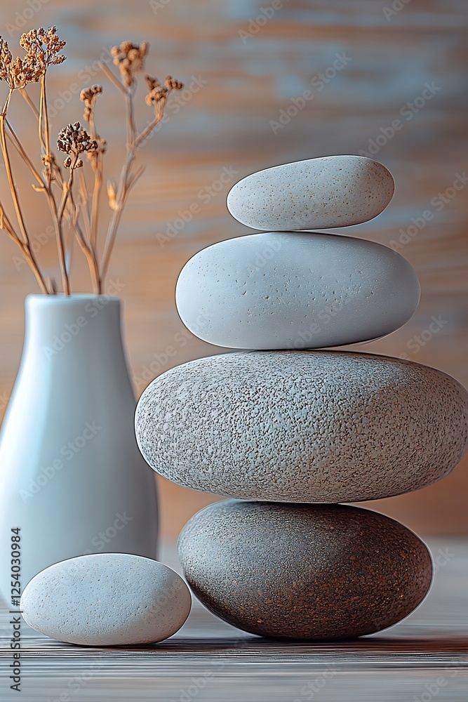 Poster elegant display of naturally shaped stones stacked with a simple vase of dried flowers : generative 