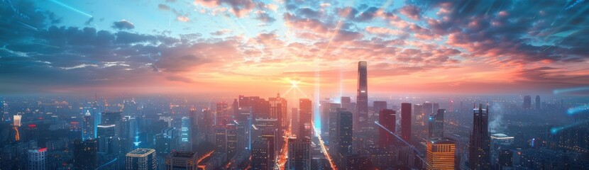 Fototapeta premium Cityscape Under a Dramatic Sunset